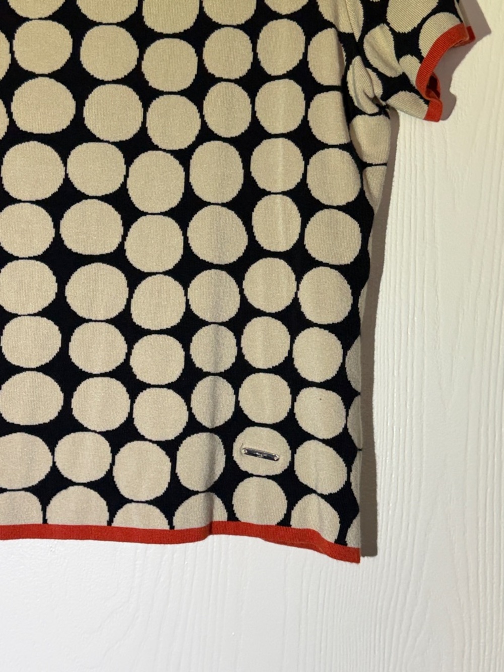 Naulover Cream & Black Polka Dot Short Sleeve Top with Red Trim Euro size 42/M - Picture 5 of 7